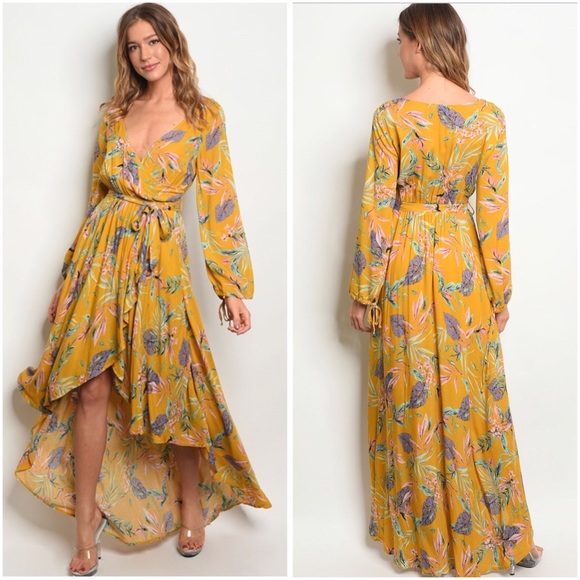 yellow floral long sleeve maxi dress